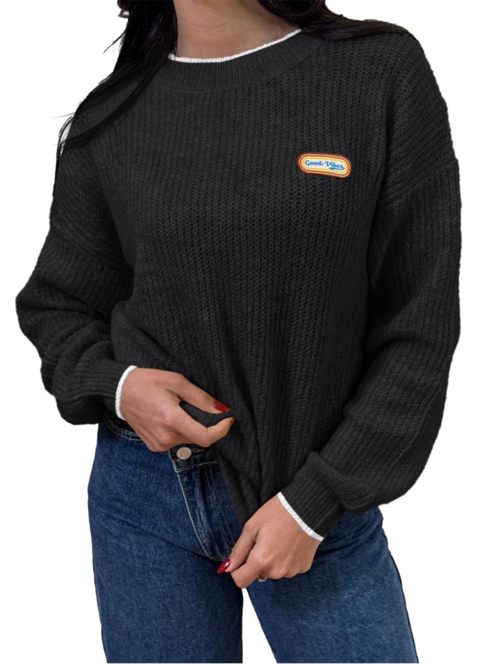 Good Vibes Black Crewneck Knit Sweater